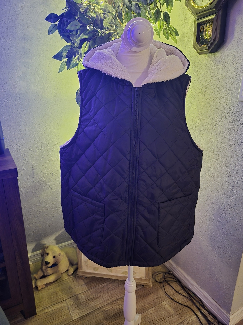 Quilted Black Sherpa-Lined Hooded Vest